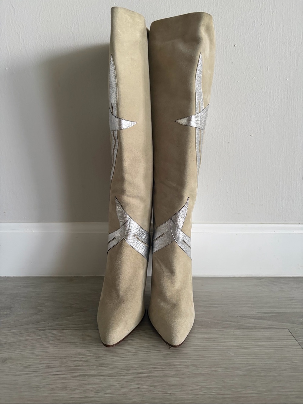 Portofino Beige Suede and Metallic Silver Geometric Knee-High Heeled Boots